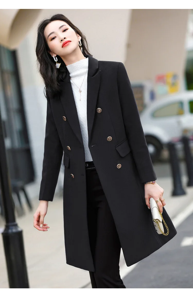 Double Breasted Woolen Coat Thick Winter Slim Medium Long Fashionable Professional Women Jackets Outwear Overcoat Tops Clothes