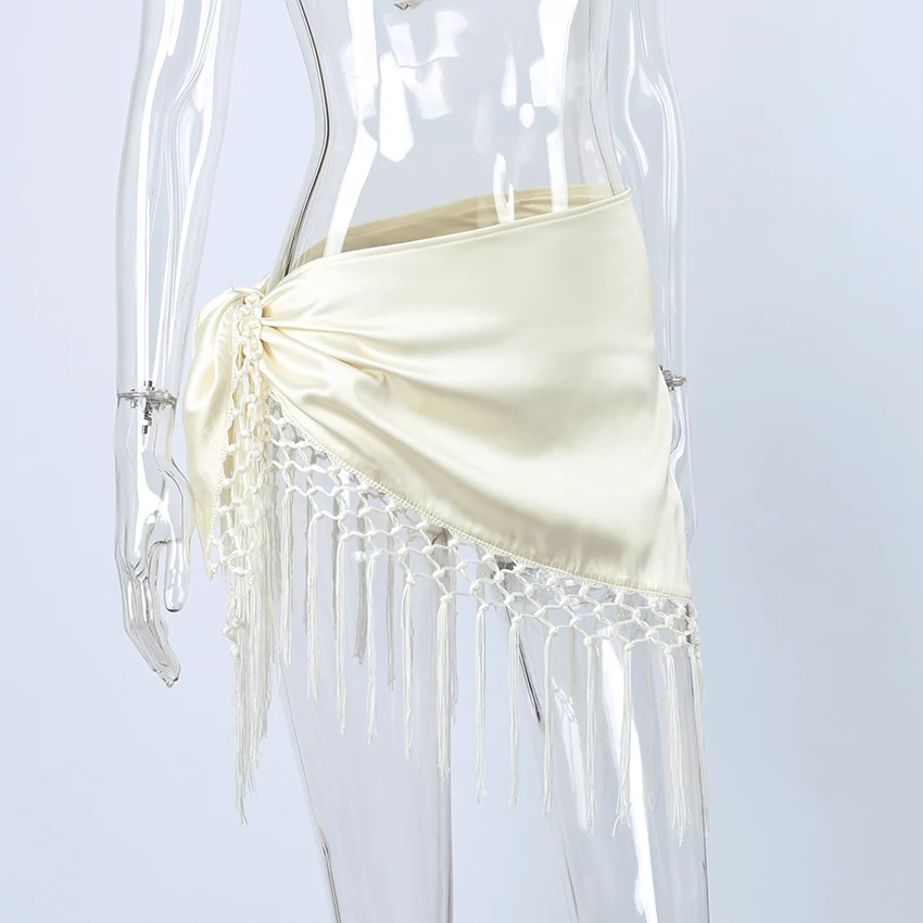 Linad Street Chic Beige Satin Tassels Mini Skirts Woman 2026 Summer Elegant High Waist Irregular Skirts Casual Loose Skirt Women