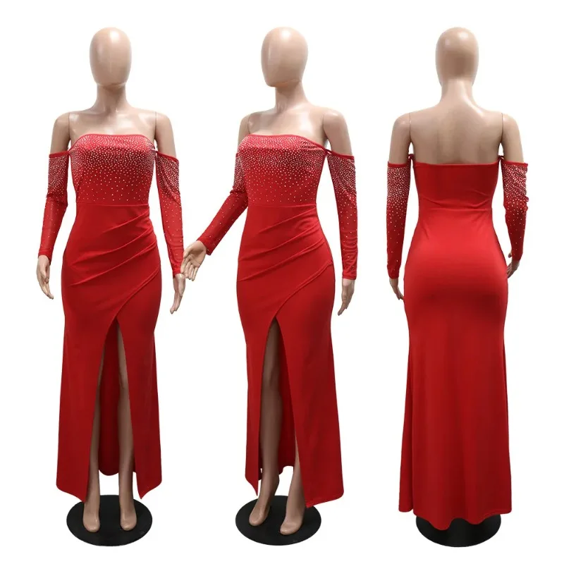Robe longue moulante à manches longues pour femmes, diamants et strass, Sexy, col Slash, fendue, robes de soirée d'anniversaire, 2025