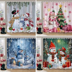 Christmas Snowman Shower Curtain Merry Santa Elf Deer Red Truck Polyester Fabric Printed Bath Curtains Bathroom Decor With Hooks