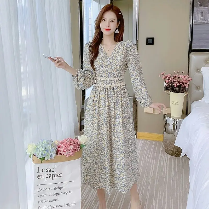 French Floral Chiffon V-Neck Mid-calf Dresses Spring Summer Dignified Lace Fairycore Women's Clothing Gentle Style Slim Pullover