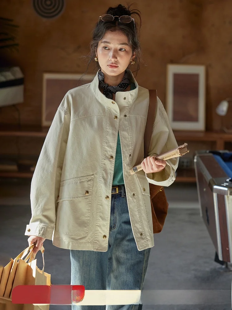

Solighter Retro Stand Collar Workwear Jacket Women's Loose Fit Spring 2026 New Style Slimming Outerwear Ladies Coat