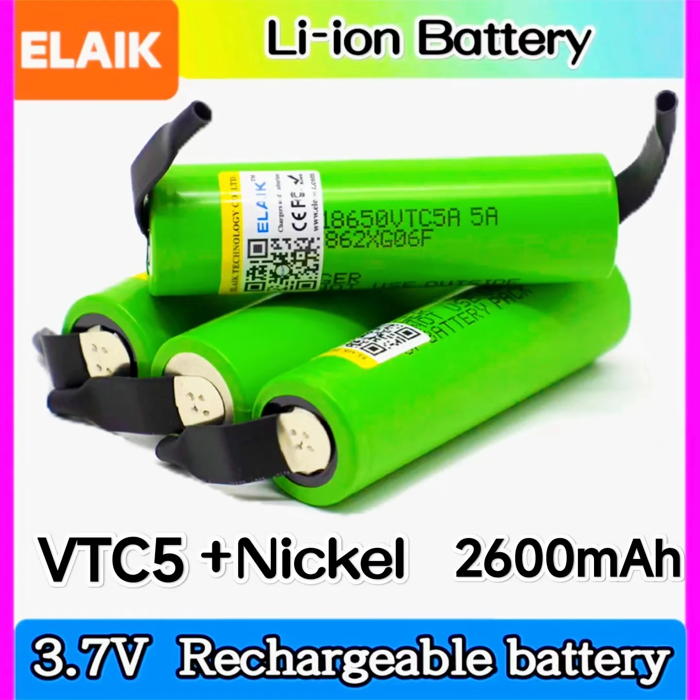 5PCS ELAIK 2600mAh 18650 VTC5A High Drain 40A 3.7V Li-ion Rechargeable Battery For Flashlight Power Tools Torch Headlamp