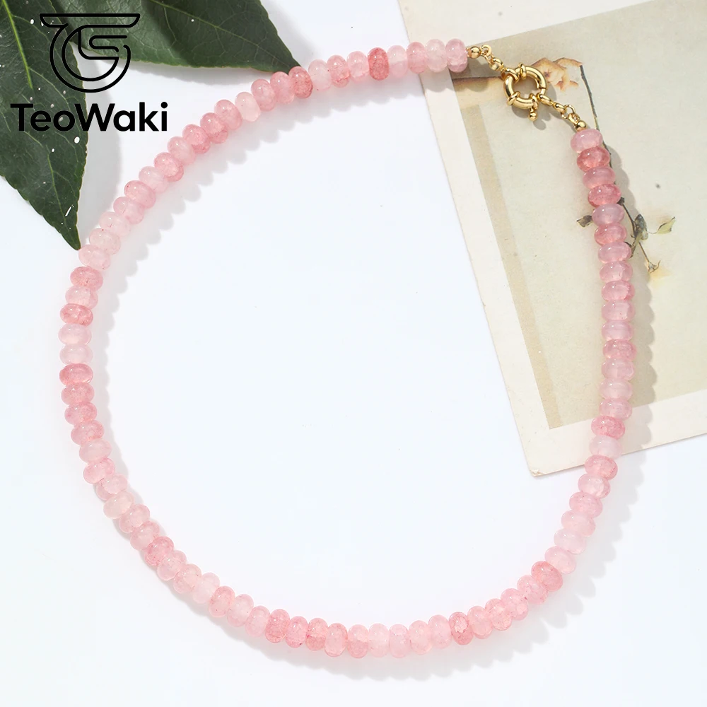 TeoWaki Natural Stone Dainty Light Pink Crackle Crystal Flat Beads Necklace Steering Wheel Soft Tone Collarbone Accessory 40cm