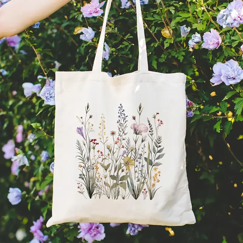 Mixed Pastel Wildflower Cluster Watercolor Art Canvas Tote Bag Soft Handbag For Daily Commute And Casual Outdoor Use