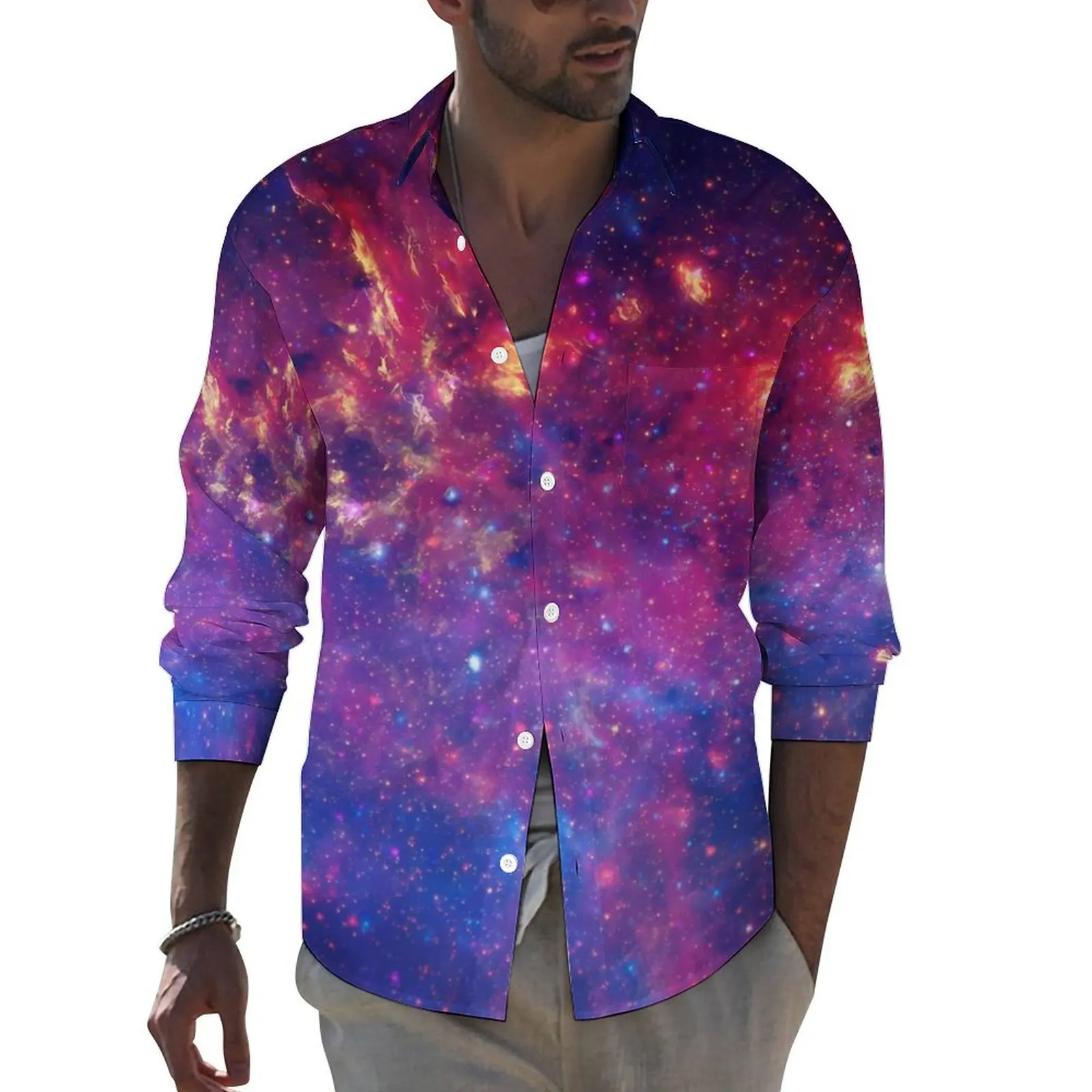 

Colorful Space Casual Shirts Man Milky Way Galaxy Shirt Long Sleeve Retro Streetwear Blouses Autumn Custom Top Plus Size