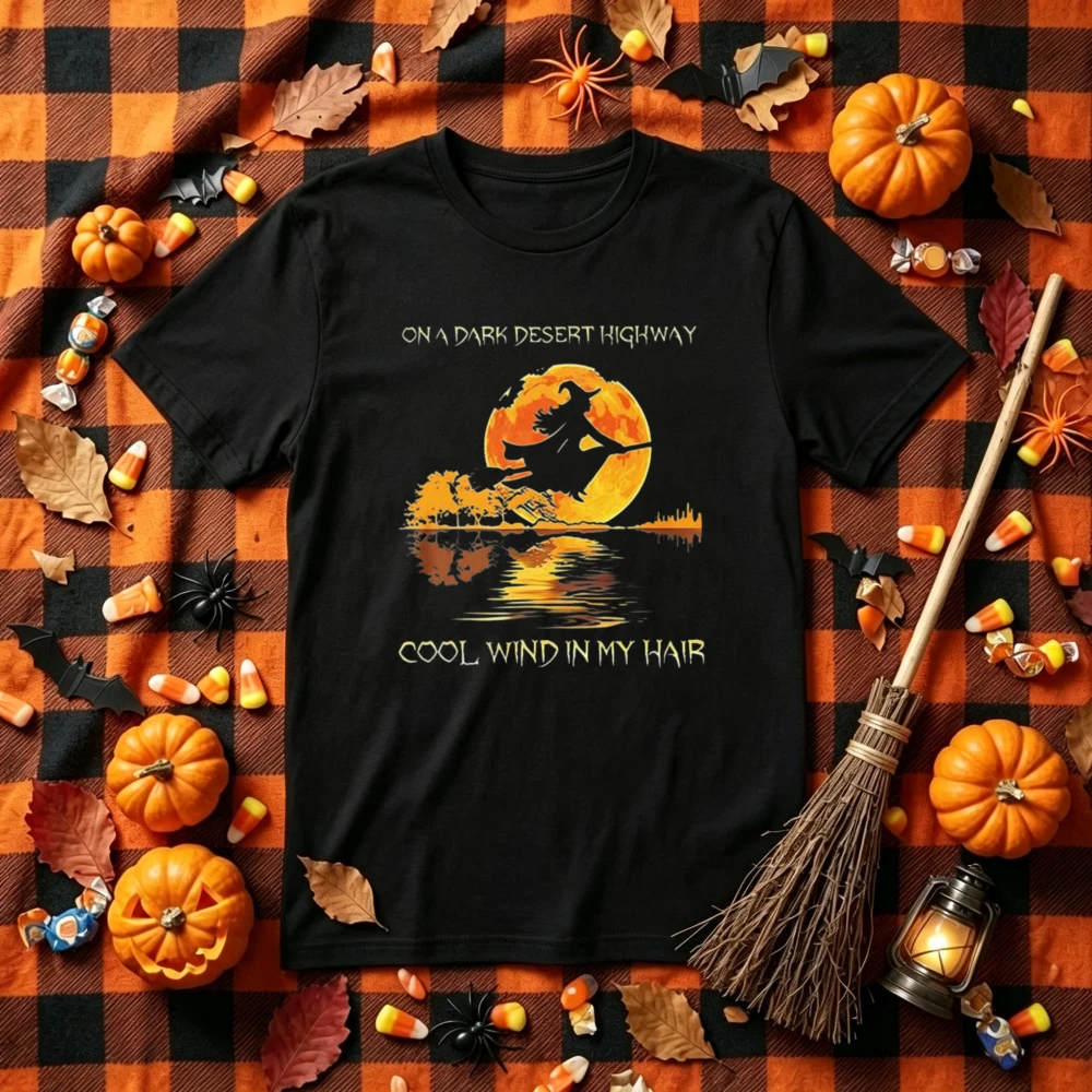 Halloween on A Dark Desert Highway Witch Broom Full Moon Lake Reflection Graphic T‑Shirt Retro Spooky Fall Landscape Casual Tops