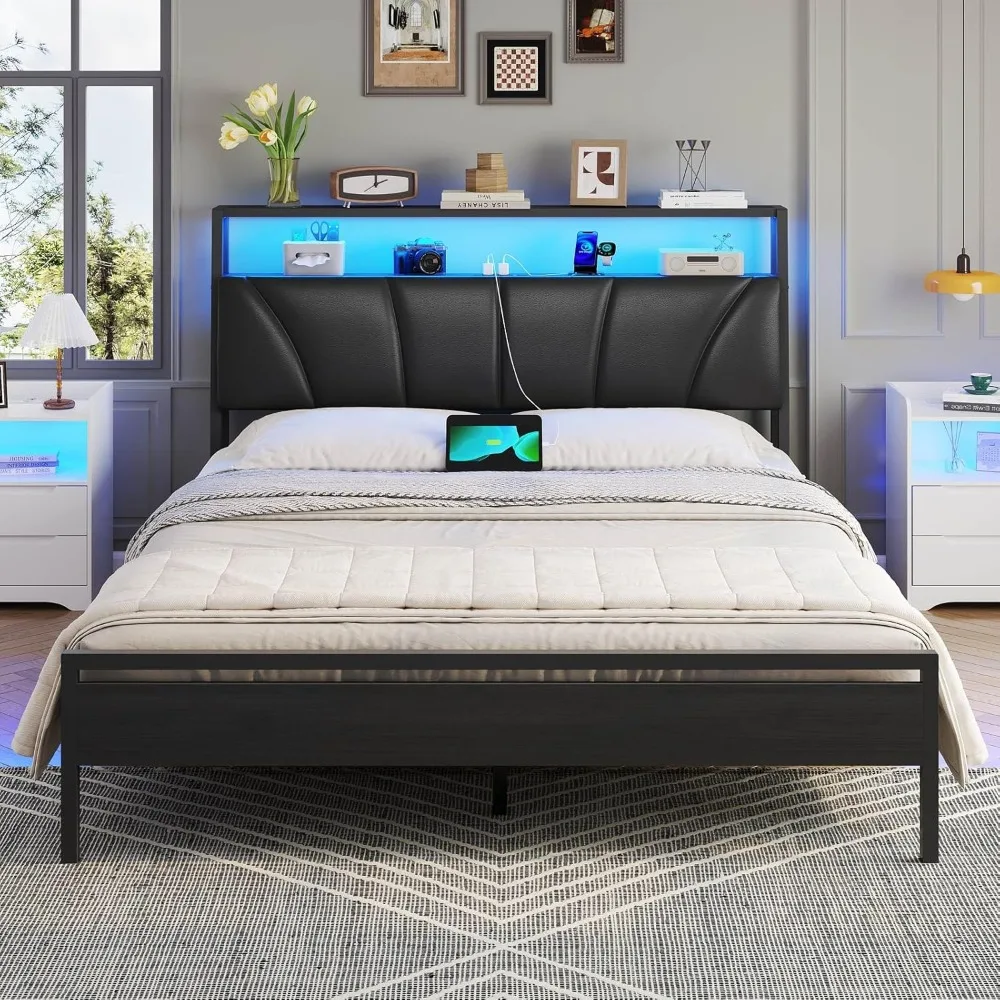 with Sommier en Métal, Lit 2 Personas con Lumières LED y Multiprise (2 Prises AC, 2 Puertos USB)