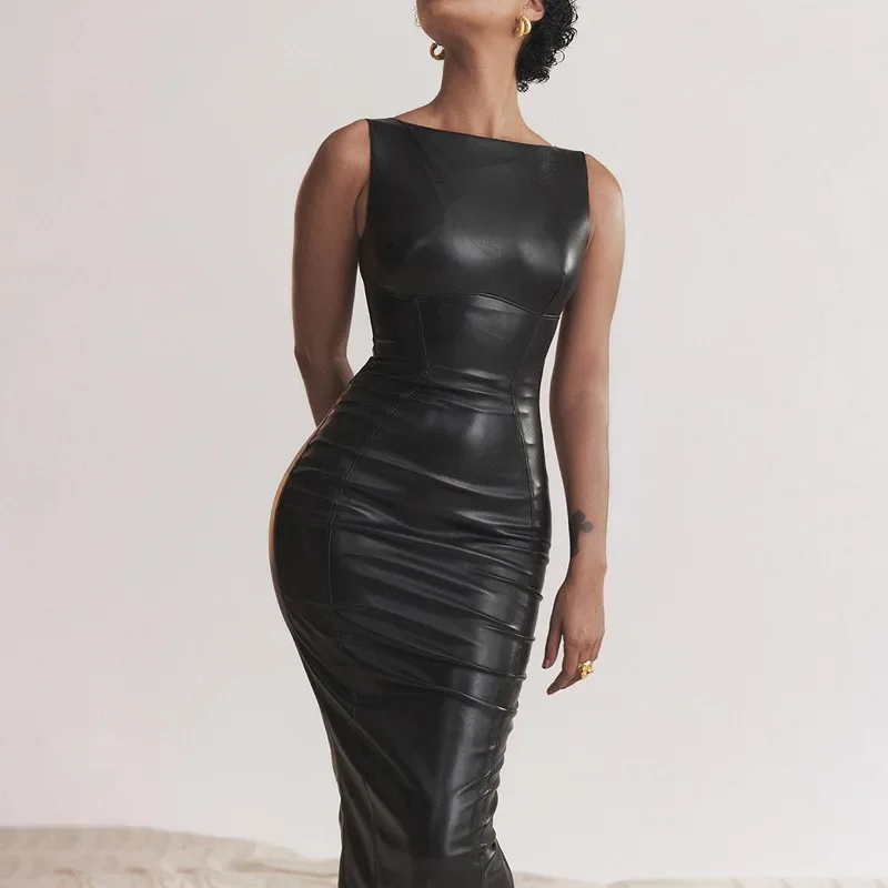 Abito lungo da donna in ecopelle elasticizzato aderente con scollo quadrato, abito da canotta in PU, orlo, cintura a spalla divisa, clubwear da festa pieghettato