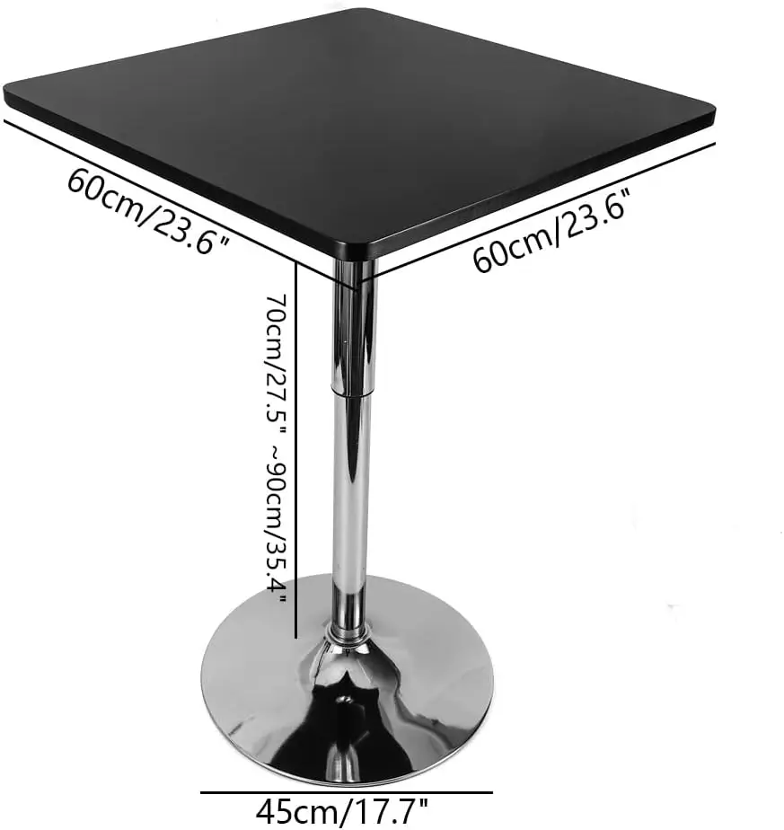 Bistro Pub Table Square Bar High Table Cocktail Table With Black Top And Metal Base Adjustable Height Max 35.4Inch Modern