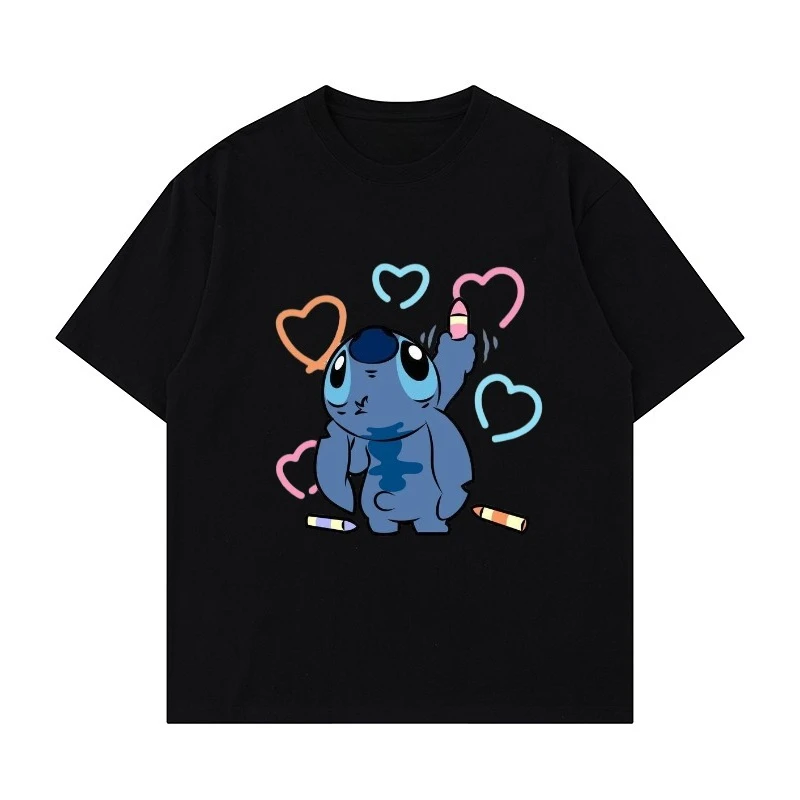 

Disney Cartoon Cotton T-shirt Stitch Drawing Graphic Printed Short Sleeve Summer/Autumn Family Matching Clothing Large T-shirt