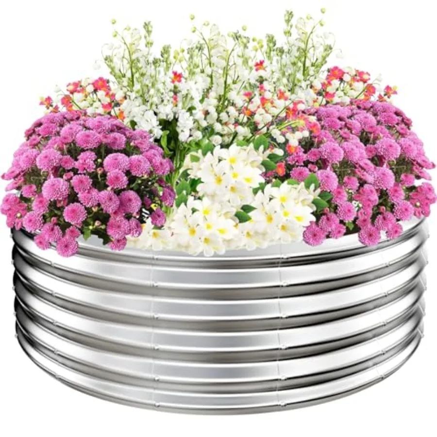 17 Elevated Round Metal Garden Bed for Vegetables Flowers Succulent, Silver, 4FT Diameter 4'x4' Size, 0.8MM Thick Raised Plante