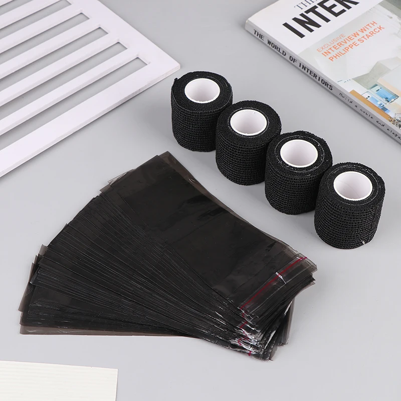 100 pezzi di coperture per macchinette per tatuaggi con nastro avvolgente, grandi sacchetti per penne e 4 pezzi di copertura per avvolgitrici per tatuaggi con impugnatura, combinazione di maniche per penne