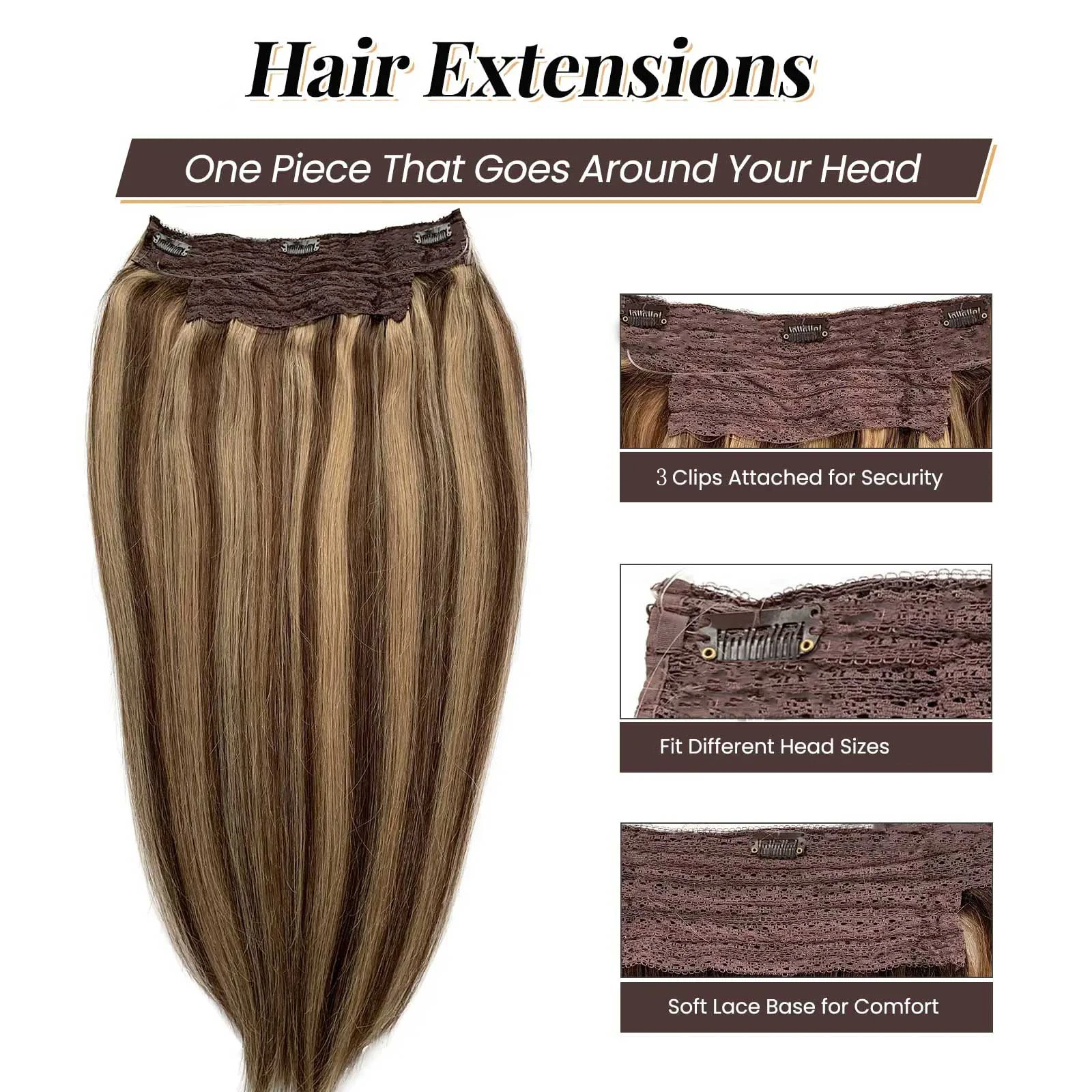 Wire Human Hair Extensions #P4/27 Hair Extensions One Piece Thread Human Hair Extensions with Clips Fishing Line Hair Extensions