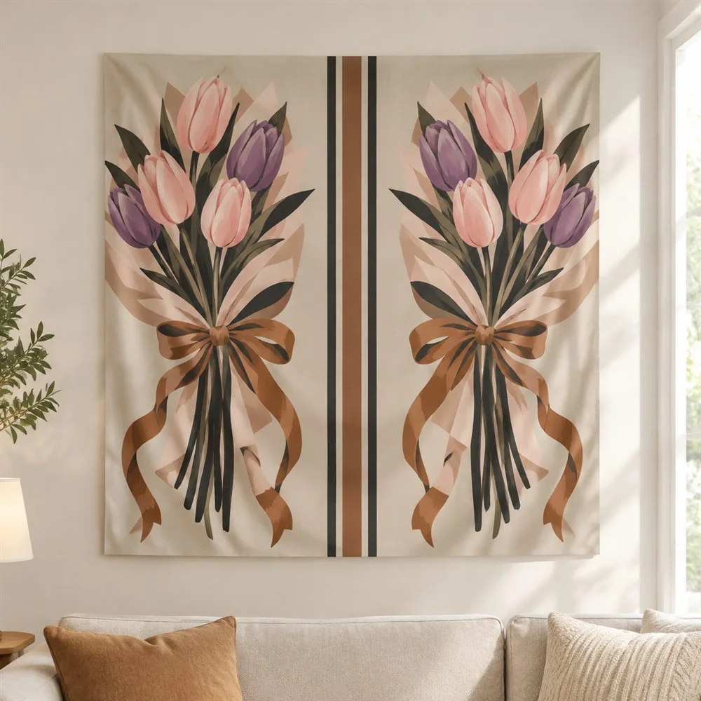VIKAMA Tulip Bouquet Tapestry Wall Hanging, Floral Aesthetic Room Decor Wall Art Tapestries for Living Room Bedroom Dining Room