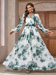 TOLEEN Women's Floral Printed Mesh Lantern Sleeve Belted Arabic Long Dress 2024 Summer Fashion Holiday Casual Elegant Dresses