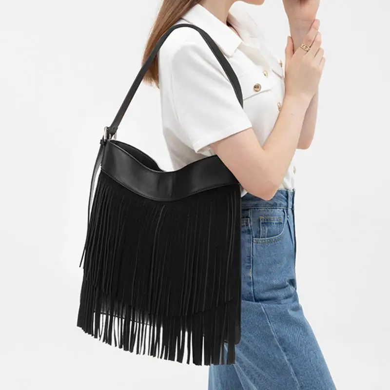 

Европейская/американская мода, высококачественная верхняя часть из воловьей кожи, женская сумка на одно плечо, матовая замшевая замшевая сумка с кисточками, украшение