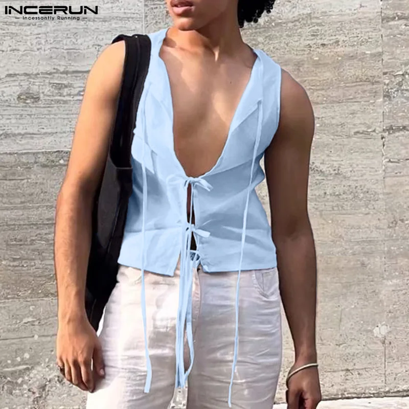 

INCERUN Men Tank Tops Solid Color Sleeveless V Neck Lace Up Male Vests Hollow Out 2025 Fashion Unisex Tops Summer Streetwear