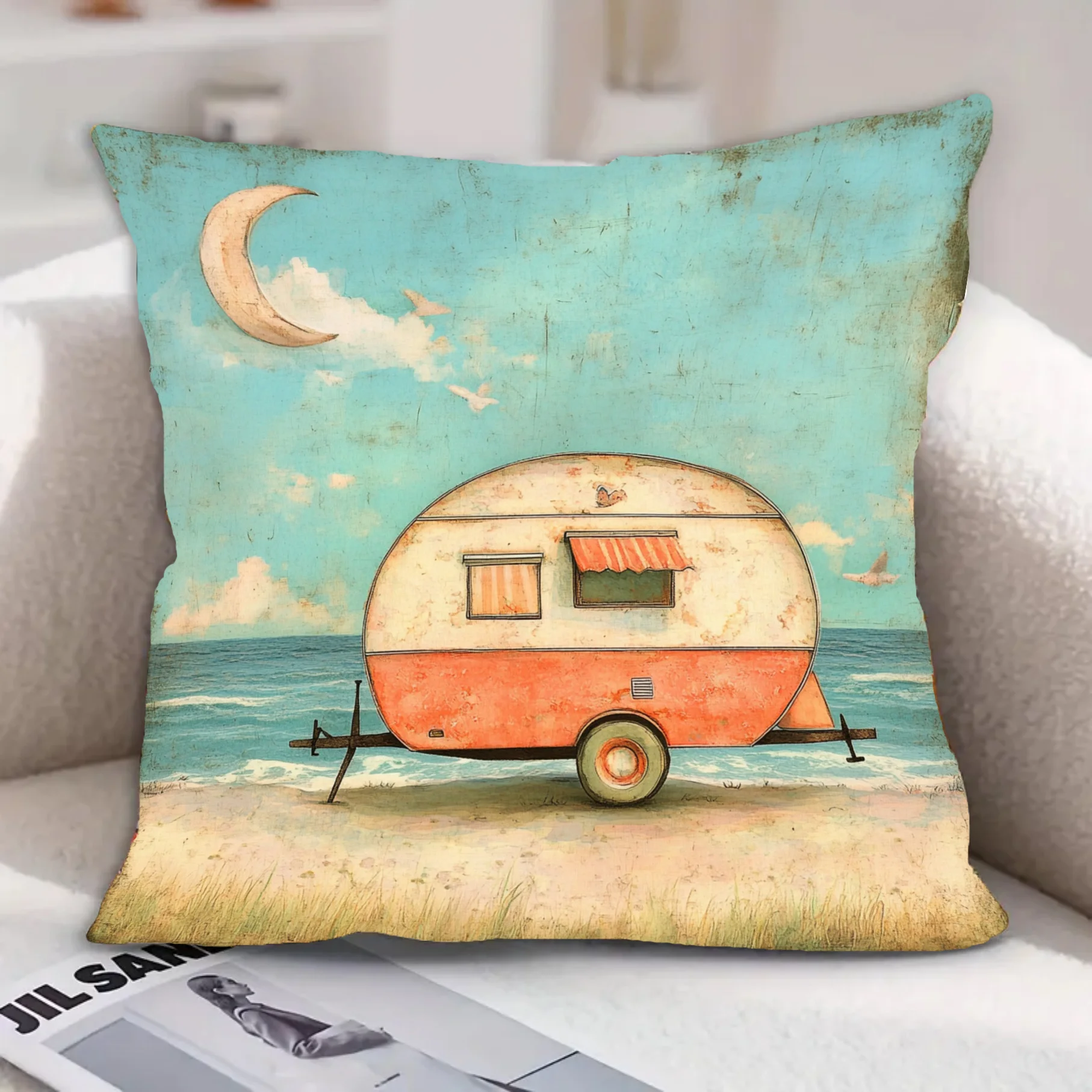 1pc Vintage-Style Beachside Caravan Pattern Pillowcase, Fresh Cartoon Style, Double-Sided Print, Coastal Campervan Design, Perfect for Living Room Sofa, Bedroom, Car, and Office Decor, Sofa Decorative Accessory | Nostalgic Imagery | Zippered Pillow