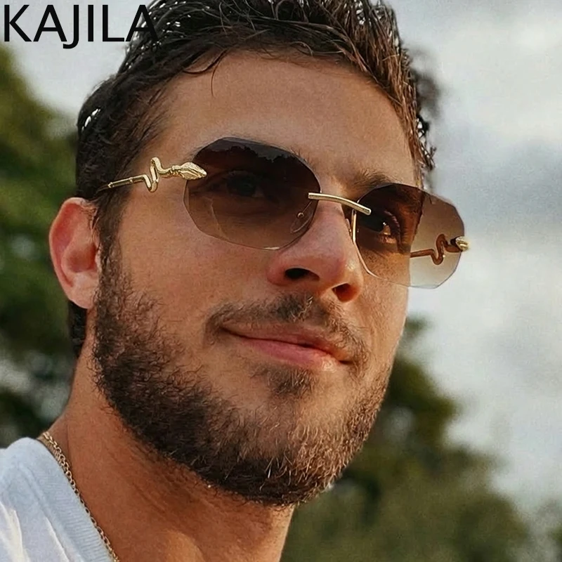 

Vintage Snake Rectangle Rimless Punk Sunglasses Men 2026 Luxury Brand Metal Frame Change Color Sun Glasses Male Polygon Shades