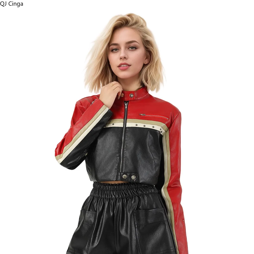 

New Fall Arrival: Women's Red Long-Sleeve Faux Leather Jacket, Short-Length Fashionable Biker PU Coat.
