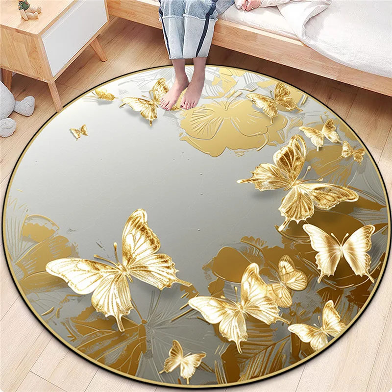 Light Luxury Round Carpet for Room Bedroom Decor Golden Bedside Rugs Washable Circular Soft Floor Mats Home Antiskid Chair Rug