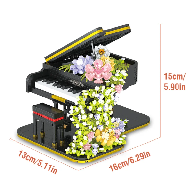 DIY Mini Piano Violin Building Blocks Set LED Light Instrument Rose Eternal Flower Waterfall Model Bricks Kids Toy Birthday Gift