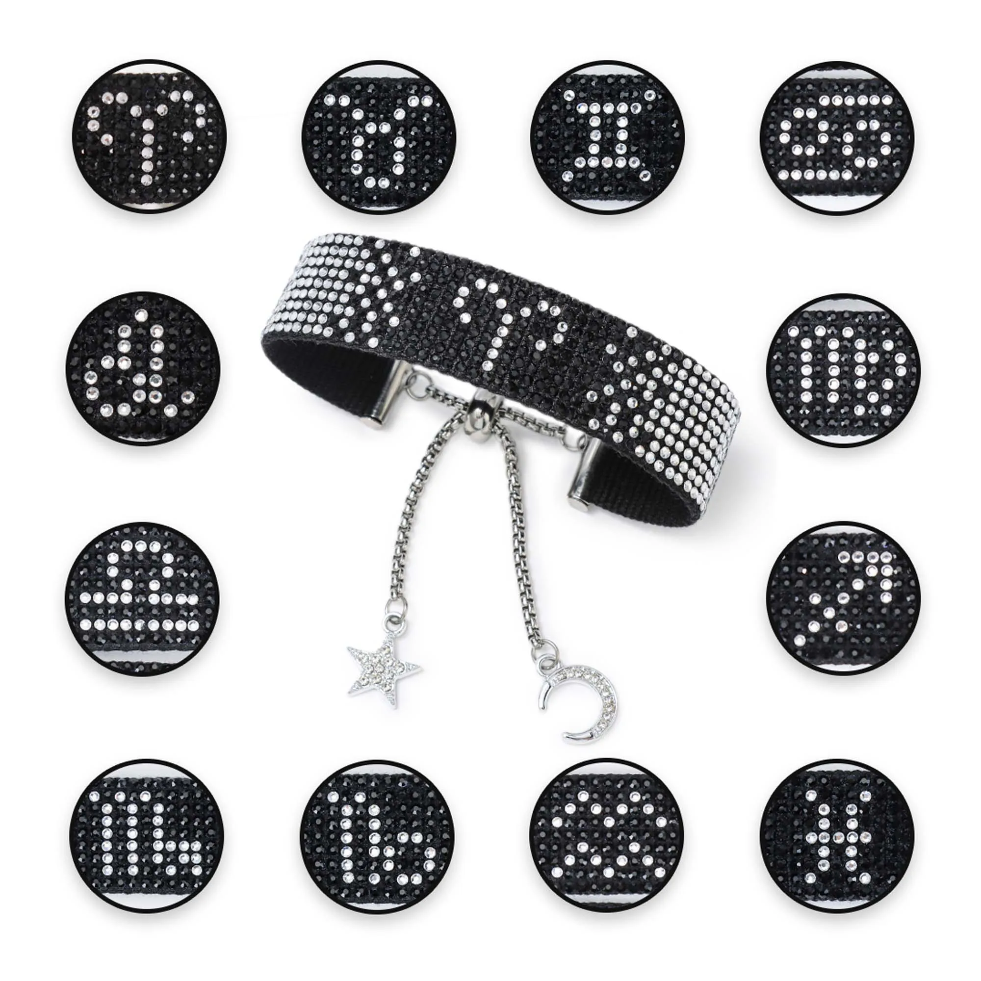 

12pcs Black Zodiac Sign Bracelets Wholesale Rhinestone Constellation Wristband Men Adjustable Chain Bracelet with Diamond