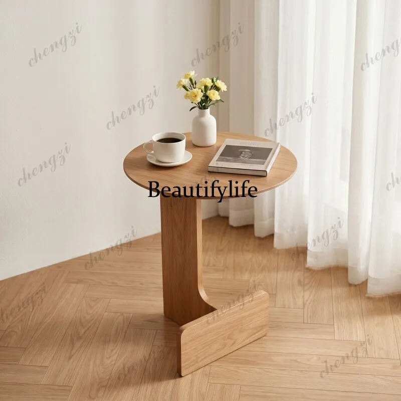 Nordic solid wood sofa side table, small round table, small apartment mobile coffee table, living room balcony