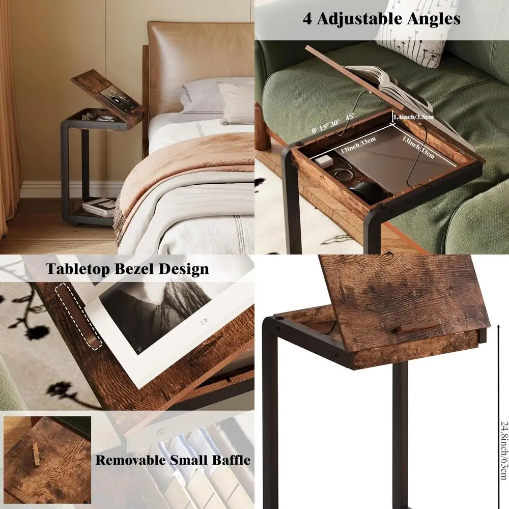 

Регулируемый наклонный торцевой столик C-образной формы с местом для хранения вещей, поднос для телевизора на колесиках для дивана, стол для ноутбука для гостиной и спальни в деревенском коричневом цвете