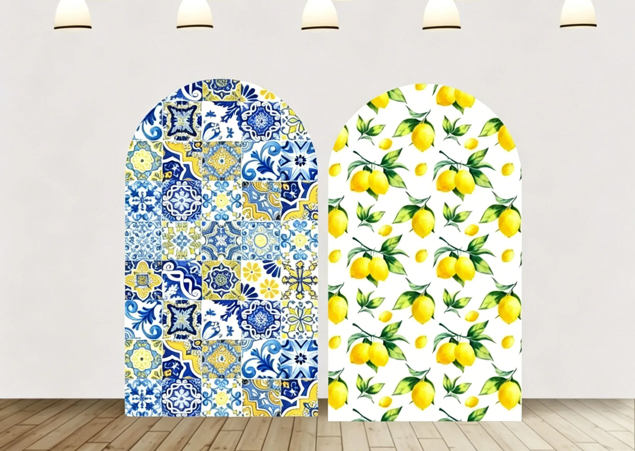 Custom 2-Side Lemon Baby Shower Arch Backdrop Cover Blue Tile Pattern Bridal Shower Birthday Party Photography Background