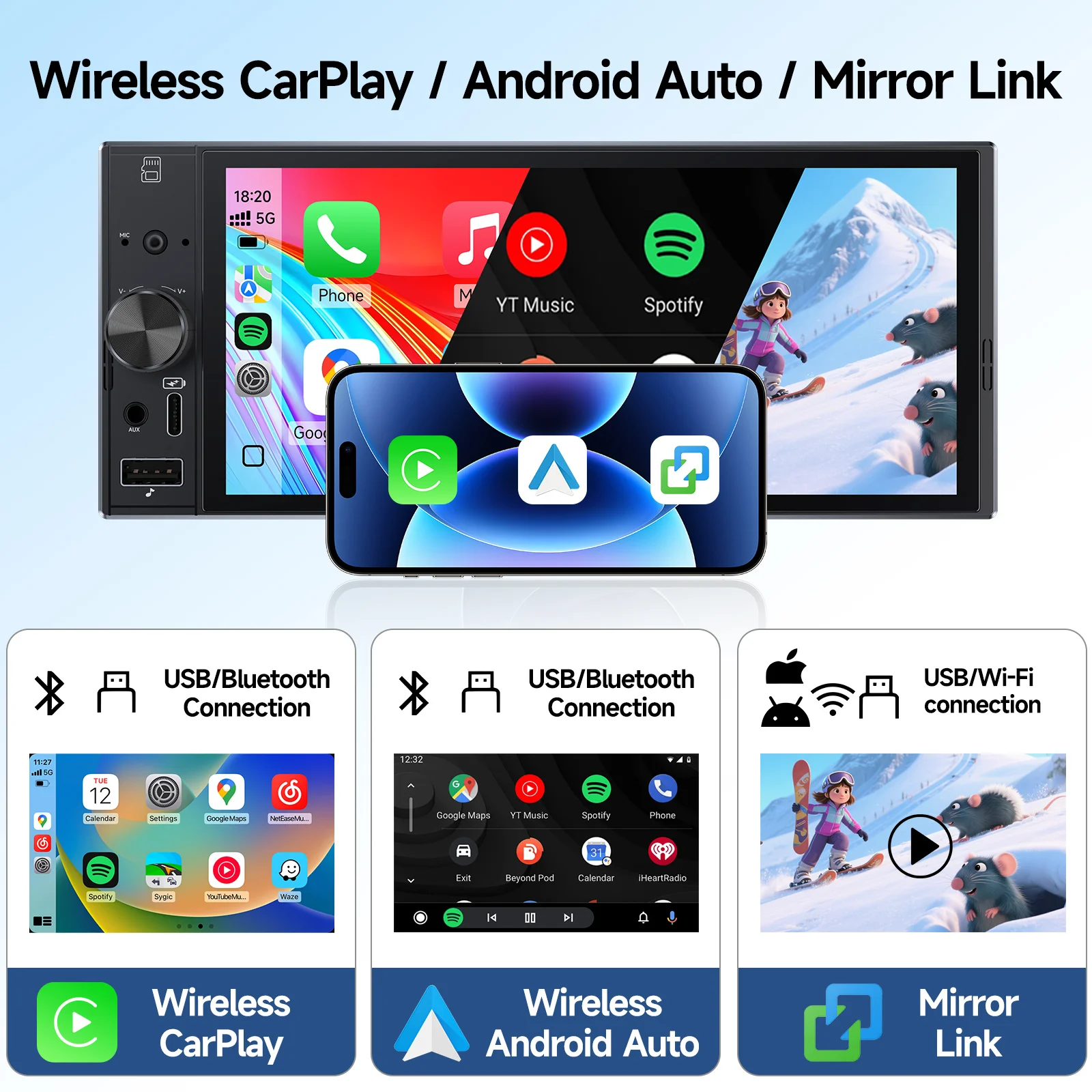 JIUYIN 6Inch 1Din Wireless Carplay Android Auto Universal Car Radio Multimedia MP5 Player IPS BT FM Audio Stereo USB Charging