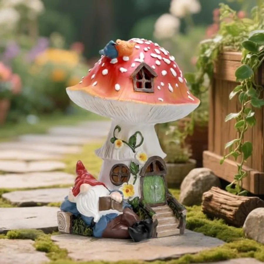 Solar Statue Outdoor Decor, Gnome Reading Under Figurine with LED Light, Fairy Garden Patio Lawn Yard Decor Mother's Day Housew