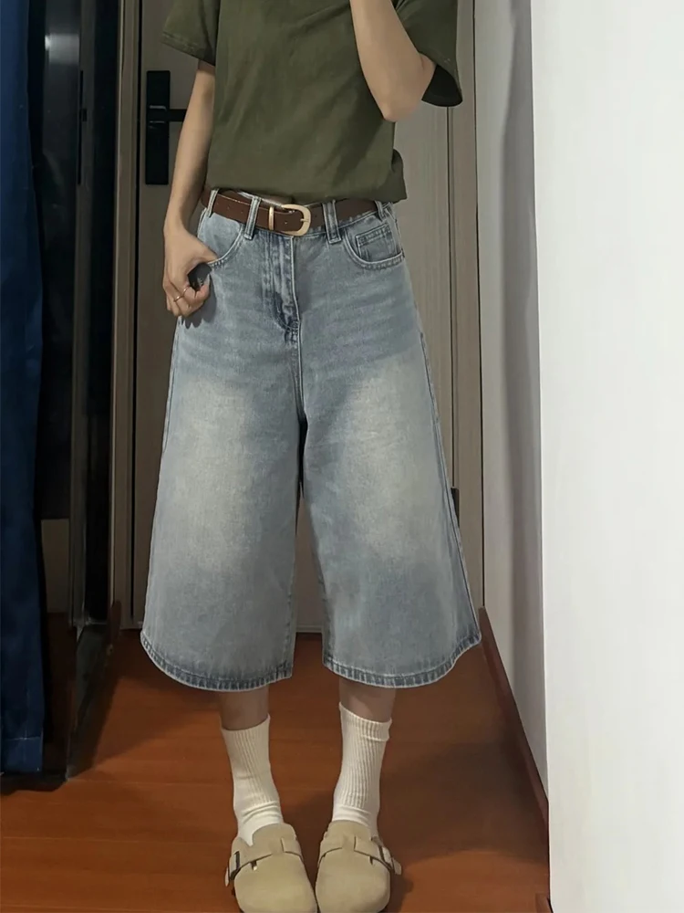 Loose Wide Leg Jeans Women's plus Size Slimming Light Blue Denim Casual High Waist Seven-Five-Length Anti-Wrinkle Cotton Blend