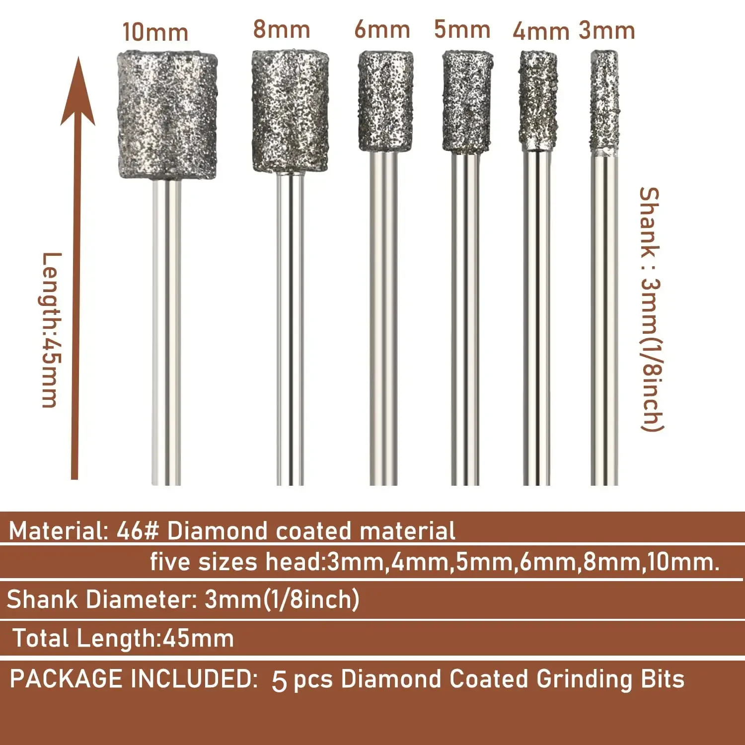 Cabezal de molienda de diamante de cilindro de grano, rebabas de tallado recubiertas de puntos cilíndricos de vástago de 3MM, herramienta rotativa