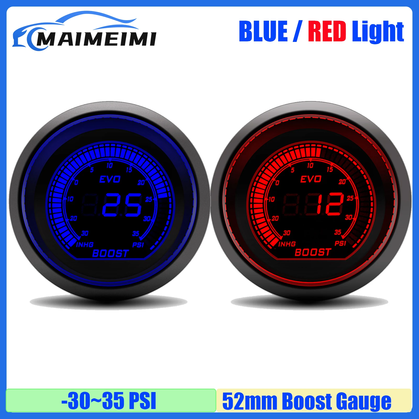 2 ''52mm Car Digital Turbo Boost Gauge -30 ~ 35PSI Meter con sensore Turbo Boost Meter Turbo Boost Gauge per auto a benzina 12V