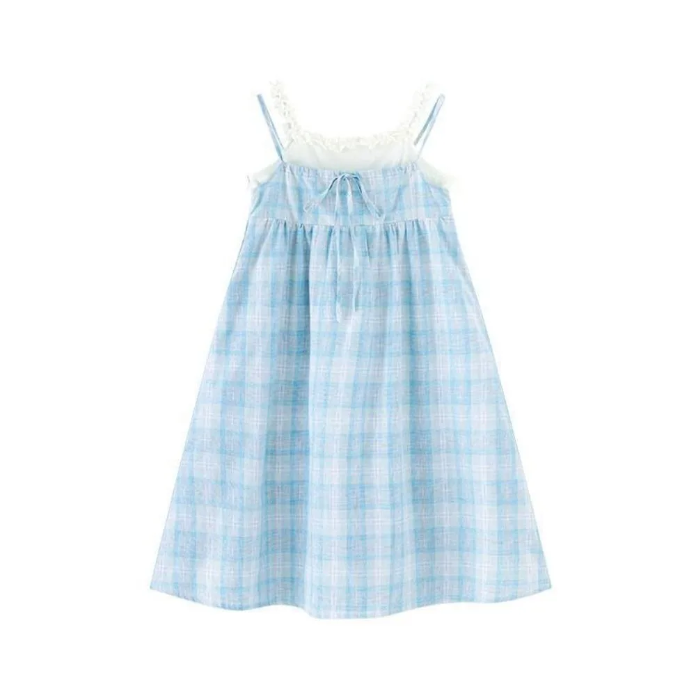 

Fashion Loose Girls Princess Grid Dress Teenagers Beach Vacation Summer Dresses Sweet Party Children Sling Dress Holiday