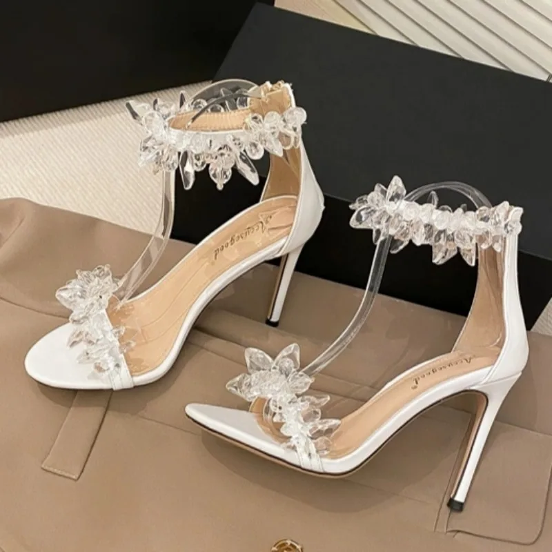 

Summer New Stiletto Sandals Women Fashion Round Head Open Toe Crystal Bag with Back Zipper Anti-slip Wear-resistant High Heels