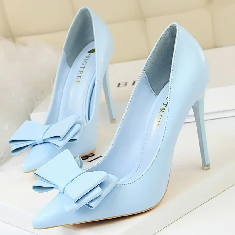 

Women Fetish 10.5cm High Heels Blue Yellow Pumps Butterfly Knot Leather Stiletto Heels Lady Escarpins Wedding Party Event Shoes