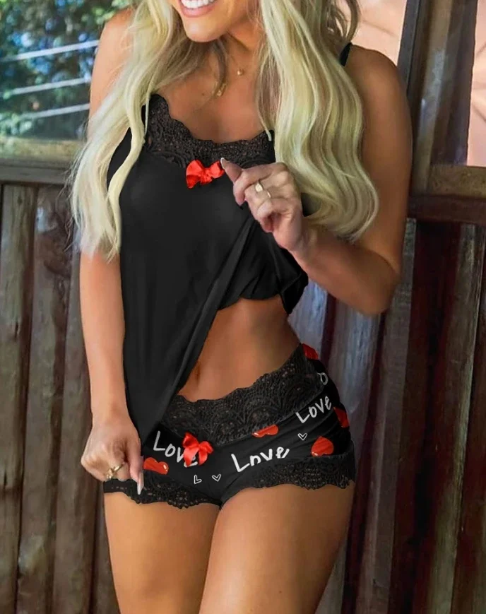 

Two Piece Set Women Outfit 2025 Valentine's Day Love Heart Print Contrast Lace Sleeveless Cami Top & Home Shorts Pajama Set