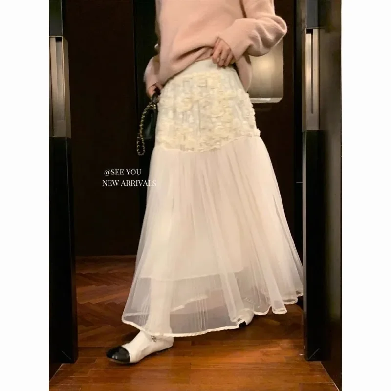 Falda larga de malla con flores en 3d para mujer, faldas de playa acampanadas de cintura alta para primavera y verano, falda de diseño dulce coreano 2025