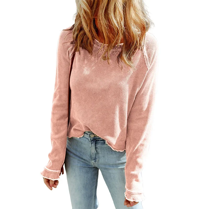 2024 New Women's Lace Stripes Long Sleeve Tops Spring Autumn Loose Casual Pullover T-shirts O Neck Simple Fashion Tees NASY0017