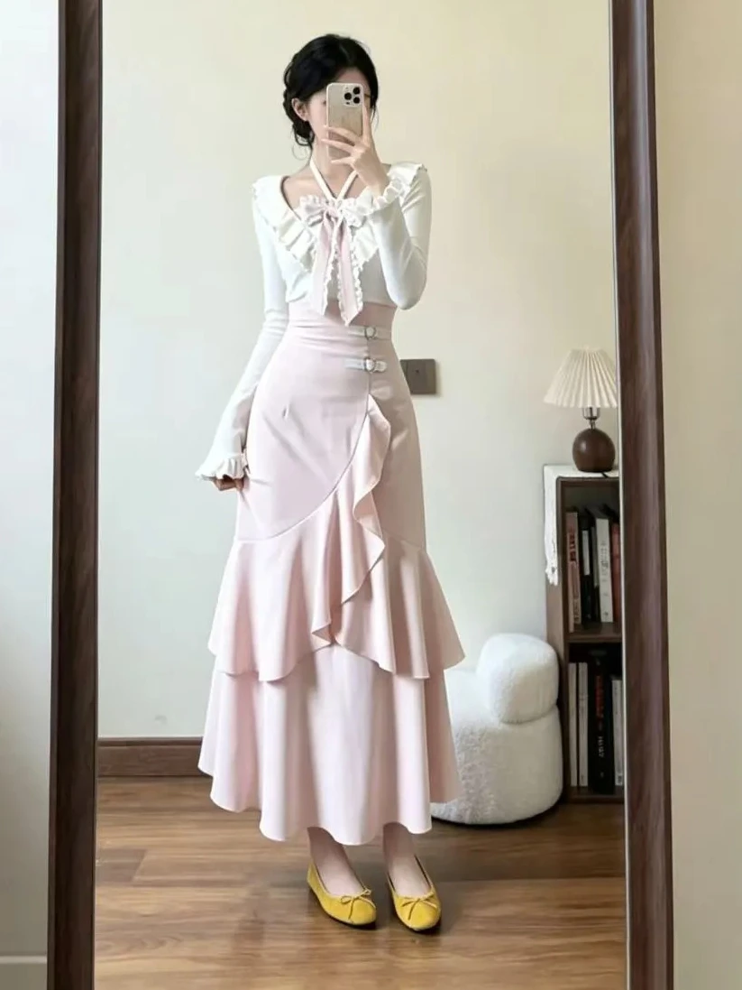 Summer Elegant Coquette French Sweet Women 2 Piece Set Bow Ruffle Halter Crop Top High Waist Fishtail Maxi Skirt Party Outfit view 2