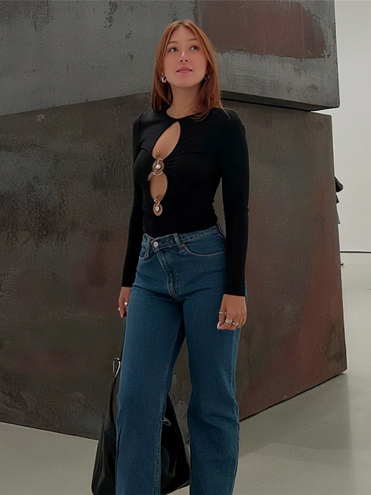 Sisterlinda Sexy Hollow Crop Top Donna Anello in metallo irregolare O-Collo Manica intera Elegante semplice elasticizzato Skinny Basic Streetwear