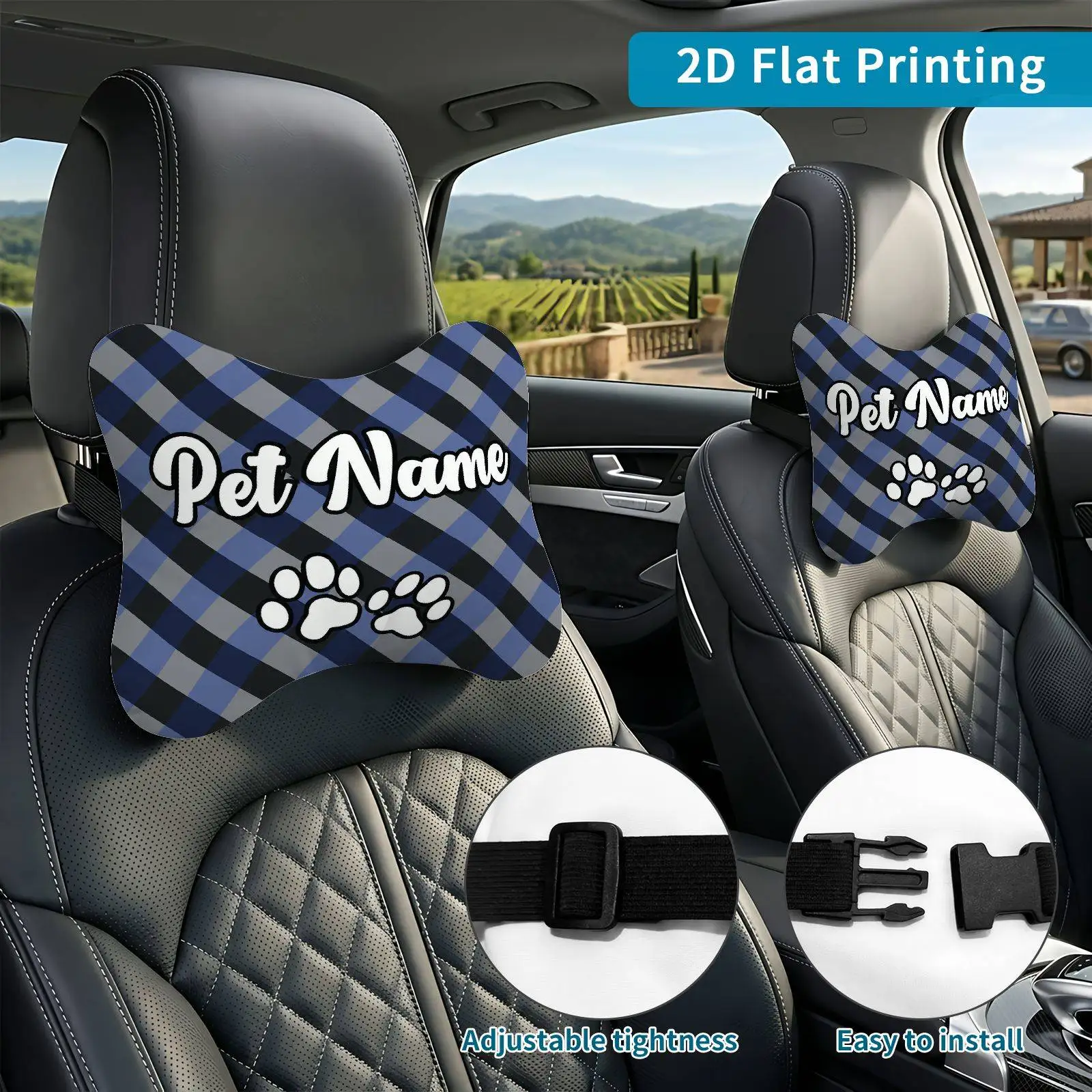 2pcs Pet Name Paw Prints Plaid Car Seat Headrest, Neck Support Cushion, Suitable For All Seasons Of Car Additions, Petname Theme