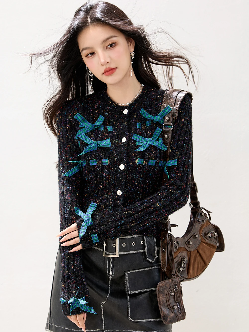 

Women's Vintage Long Sleeve Patchwork Cardigans Bow Sweater Autumn New Style Soft Loose Knitting Sweater Cropped Tops F194