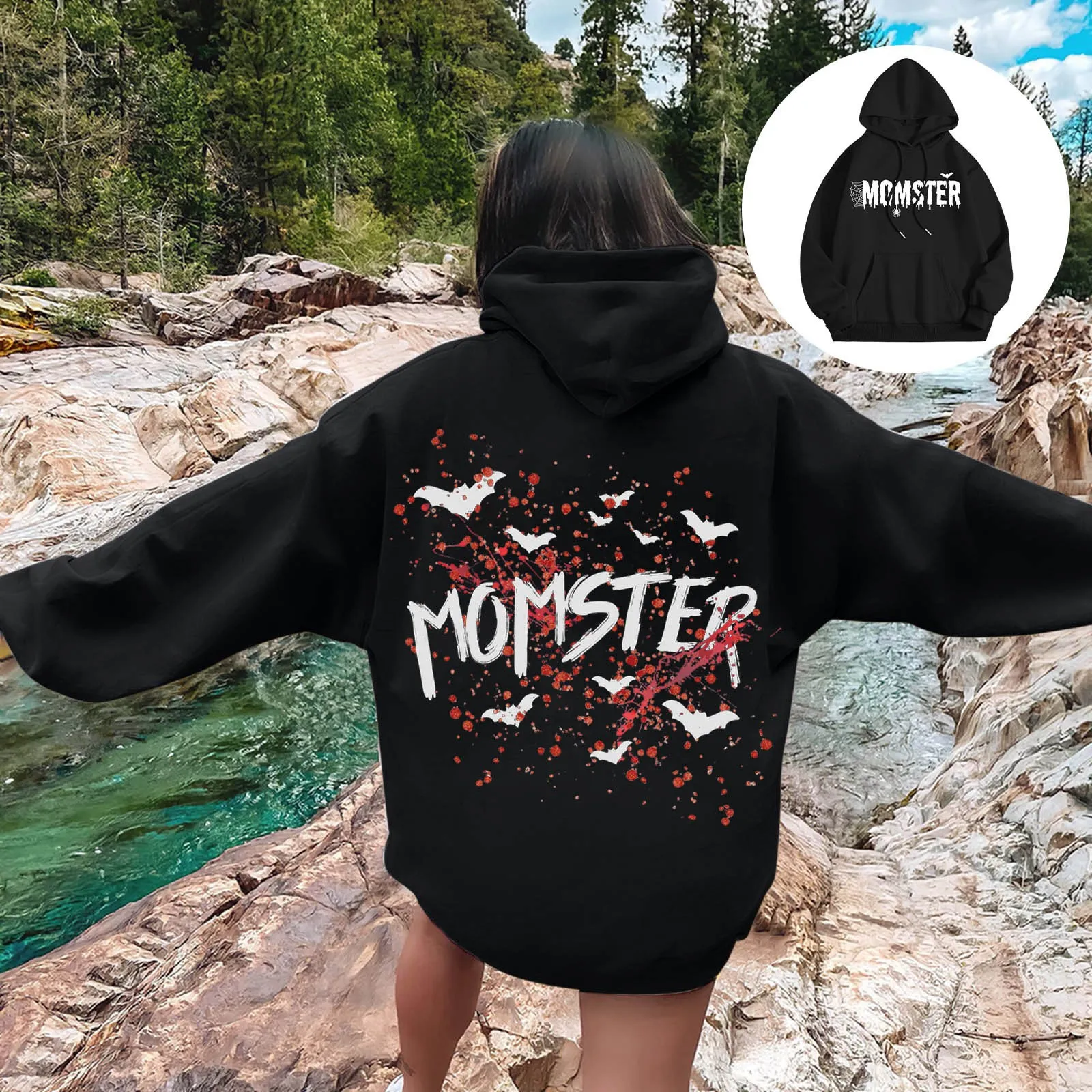 

MOMSTER Letter Bat Bloody Print Ladies Halloween Hoodie Long Sleeve Drawstring Hoodie Loose Comfortable Warm Casual Jumper