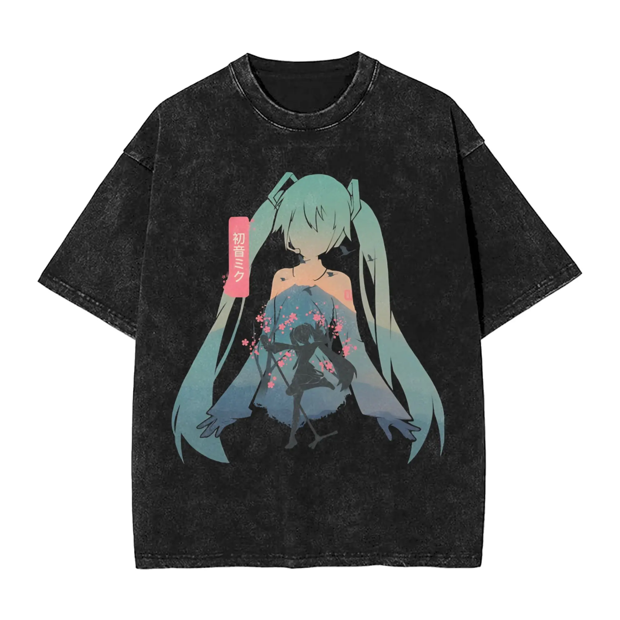 男性女性の初音ミクヴィンテージウォッシュ-tシャツボーカロイド綿服素晴らしい半袖-o-ネック-tシャツプラスサイズ-tシャツ