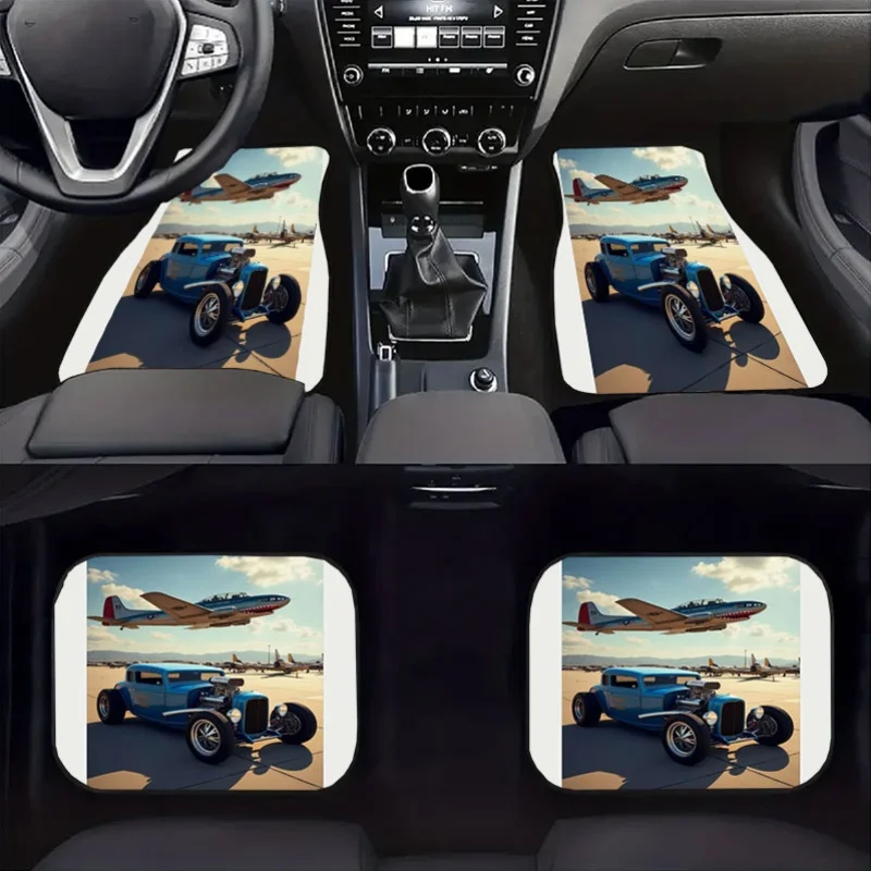 4pcs Retro Airplane And Classic Car Pattern Car Floor Mat Set | Universal Anti-Slip Design, Velvet Material, Decorates Interior