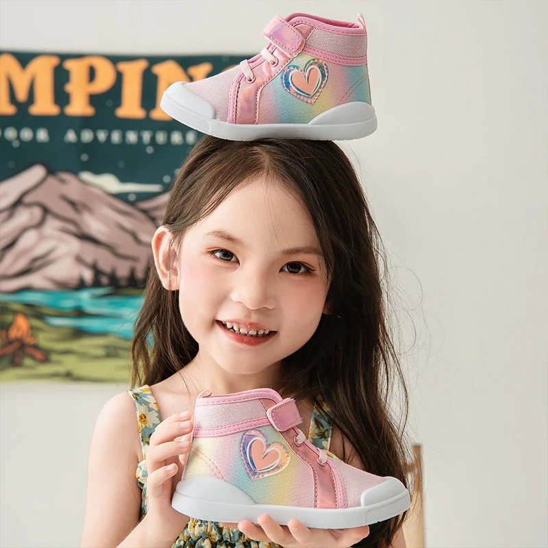 2024 Kinderen Canvas Schoenen Herfst Lente Meisjes Houden Van Regenboog Hoge Schoenen Kinderen Schattige Prinses Schoenen Kids Glitter Wandelschoenen